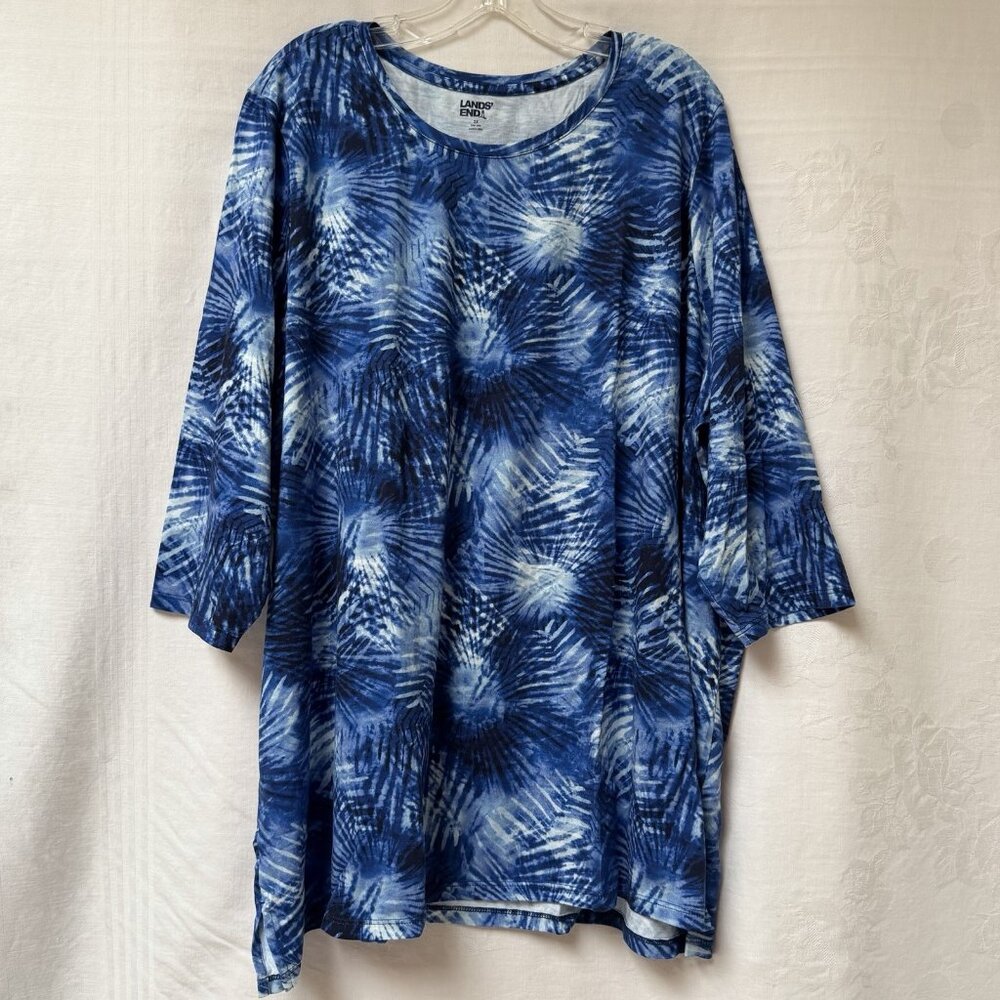 Lands End Blouse Womens 3X Scoop Neck Pullover Black Palm Print Fall Stretch